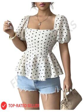 Polka Dots Ruffle Tie Back Puff Sleeve Blouse